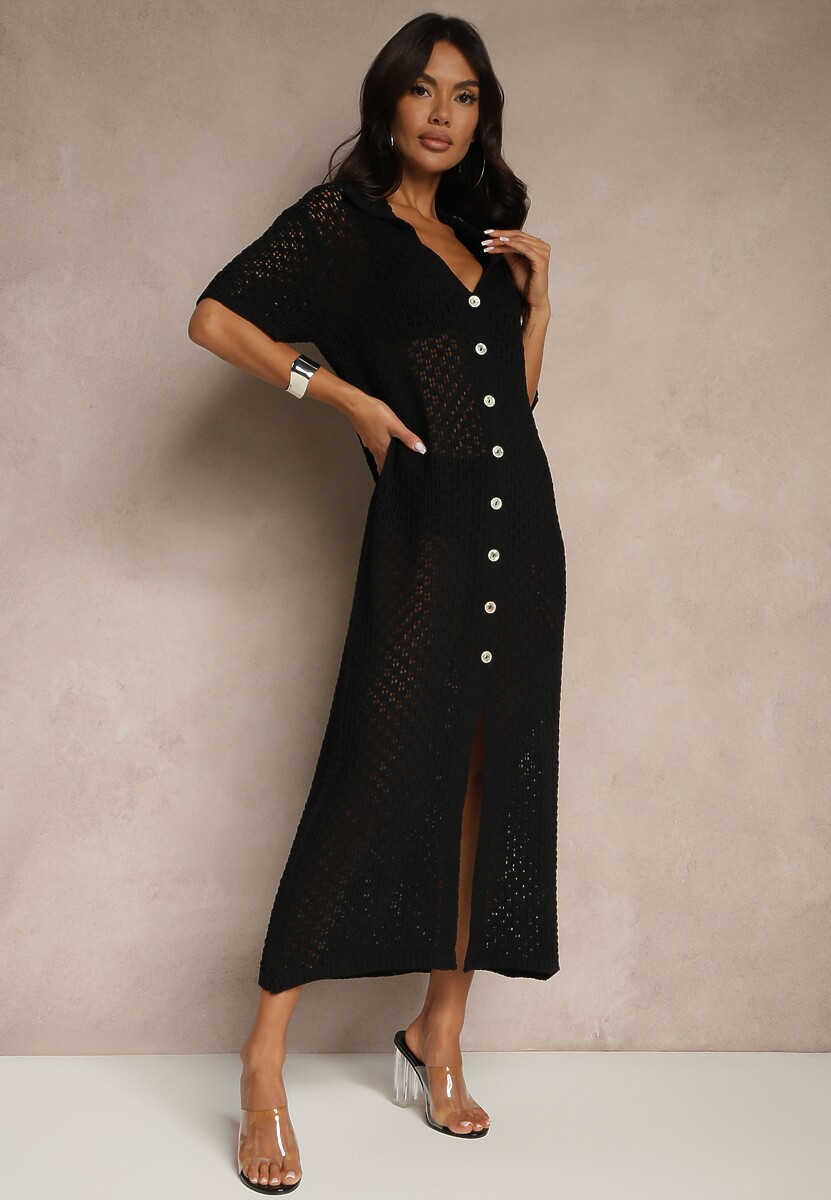 Czarna Koszulowa Sukienka z Bawełną z Siateczki Folesia