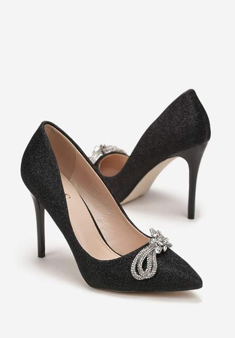 Czarne Szpilki z Brokatową Cholewką i Kokardką z Cyrkoniami Yonea