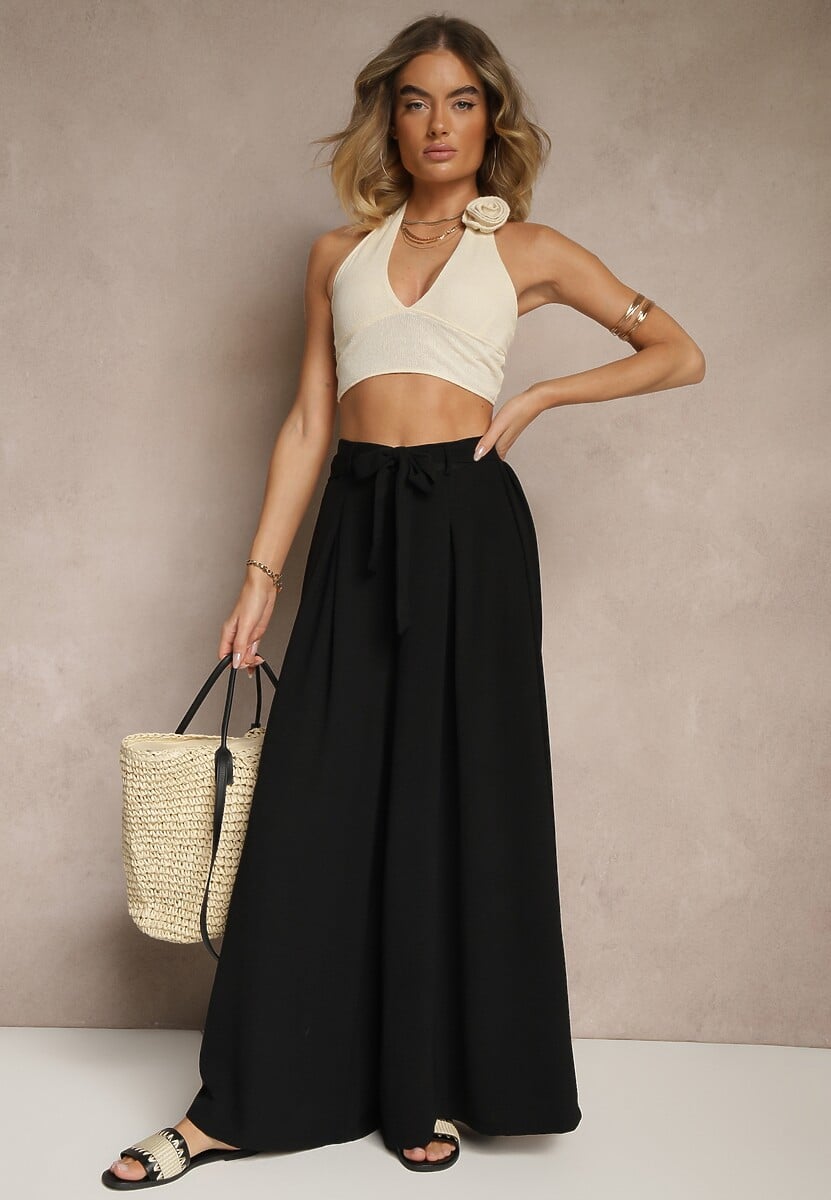 Czarne Spodnie z Bawełną o Szerokim Kroju High Waist z Paskiem Iveleldi