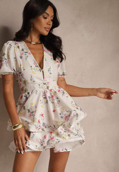 Biała Rozkloszowana Sukienka z Bawełny Zdobiona Falbanami i Kwiatowym Wzorem Sarolisse