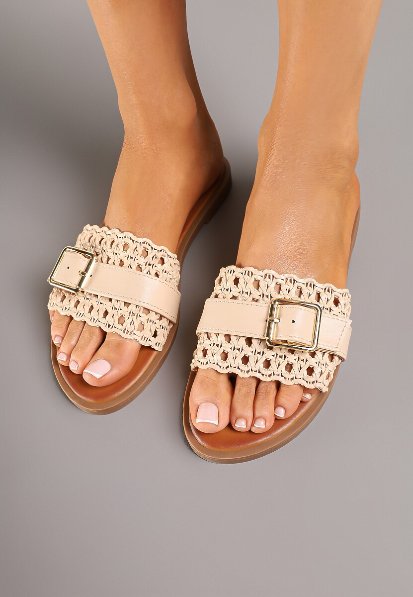 Beżowe Płaskie Klapki Ozdobione Ażurową Wstawką i Klamerką Fenalissa