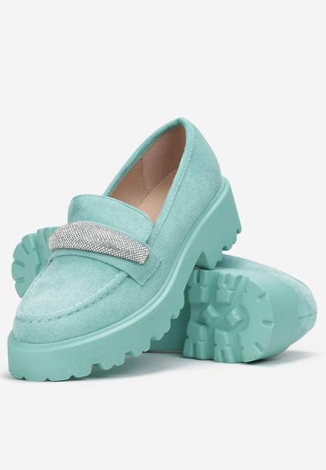 Zielone Mokasyny z Paskiem z Cyrkonii i Grubej Podeszwie Degase