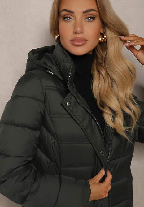 Ciemnozielona Długa Kurtka z Pikowanymi Przeszyciami i Kapturem z Możliwością Odpięcia Realithra