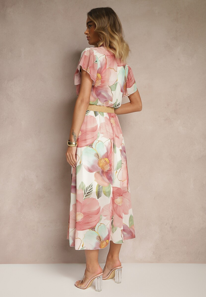 Różowa Rozkloszowana Sukienka Zdobiona Wiązaniem i Paskiem z Klamrą Sorisse