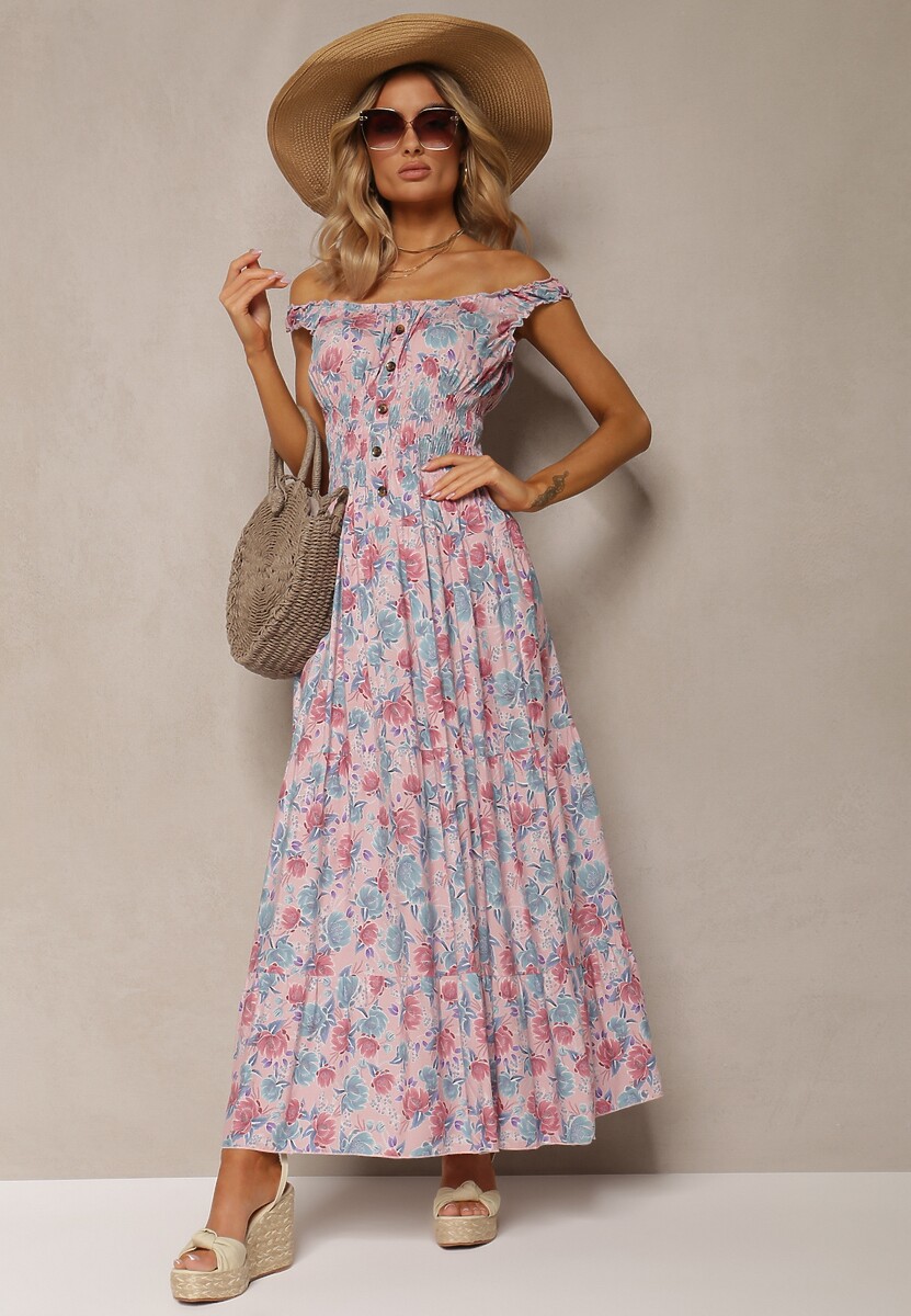 Granatowo-Różowa Kwiecista Sukienka Rozkloszowana z Bawełny na Ramiączkach Kalassia