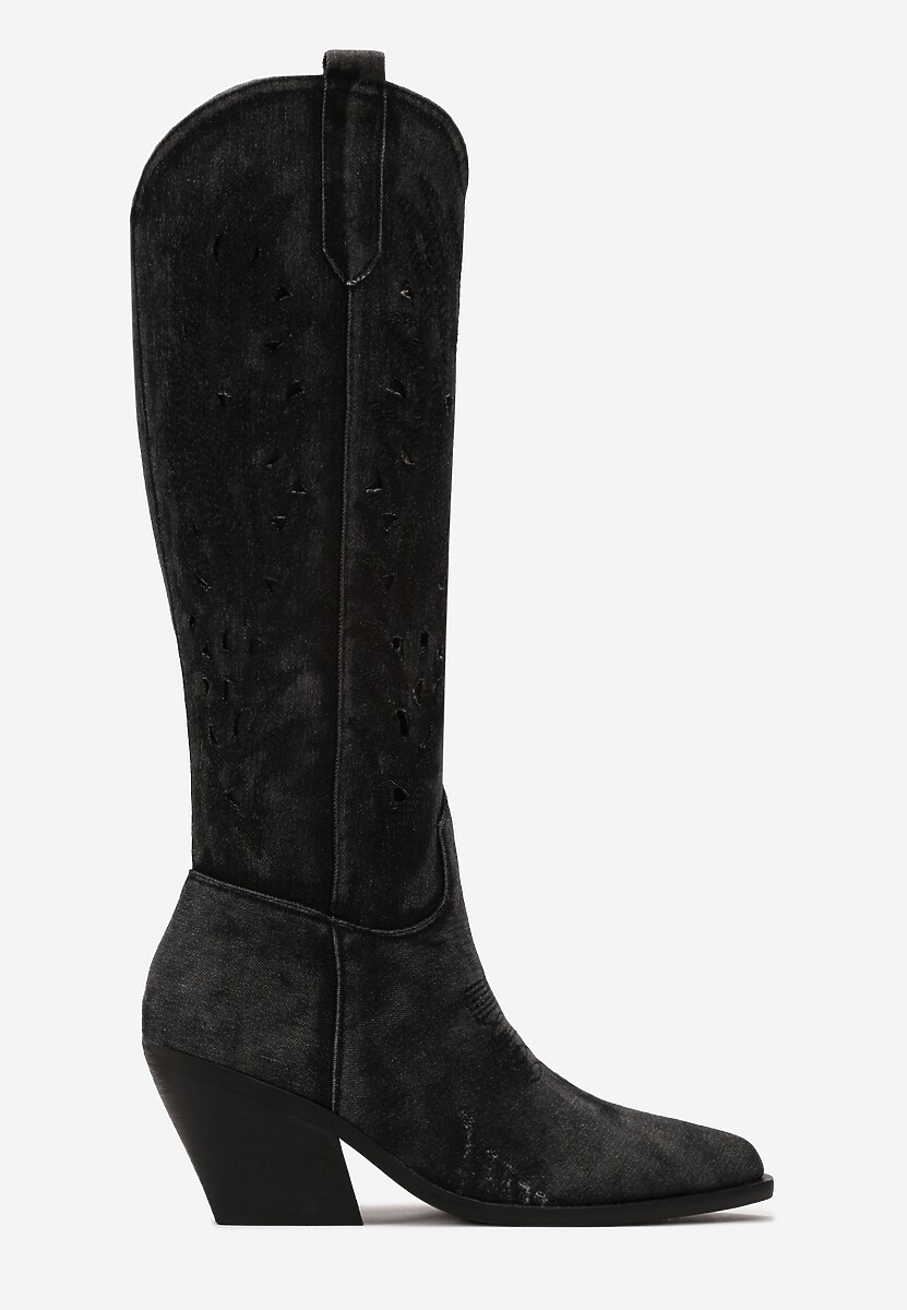 Czarne Ażurowe Kozaki Kowbojki na Ściętym Słupku Membris