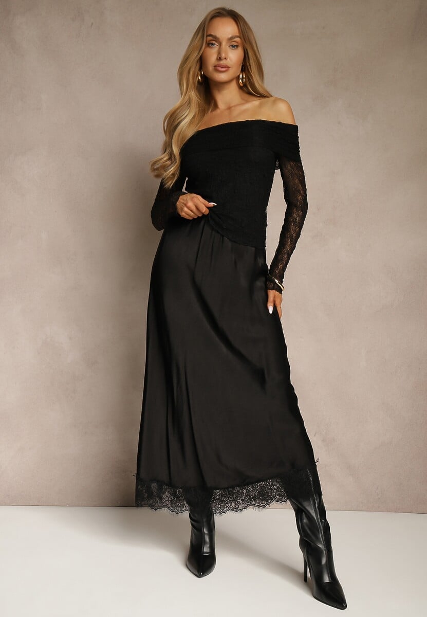 Czarna Wiskozowa Spódnica Satynowa z Koronką Fedore