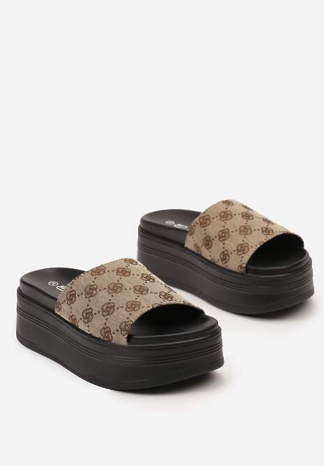 Brązowe Klapki na Grubej Podeszwie z Ozdobnym Paskiem Adesia