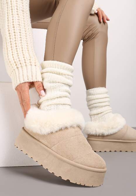 Beżowe Śniegowce na Grubej Podeszwie z Ociepleniem z Futerka Tirisha