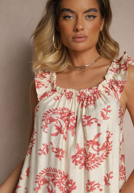 Różowa Sukienka z Wiskozą Ozdobiona Falbanką Ellitne