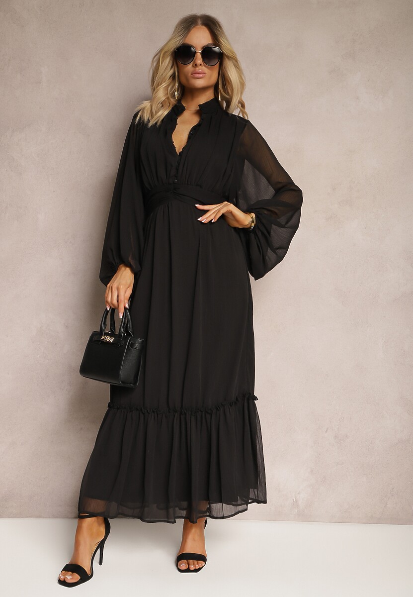 Czarna Rozkloszowana Sukienka Maxi ze Stójką i Falbanką Camillene