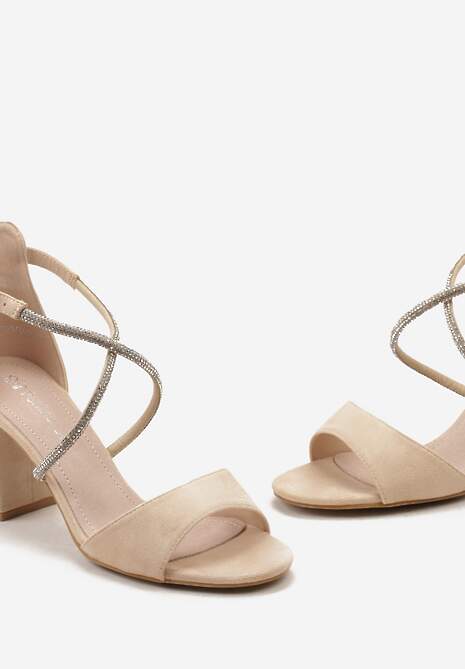 Beżowe Sandały Zapinane wokół Kostki Ozdobione Cyrkoniami na Słupku Kenai