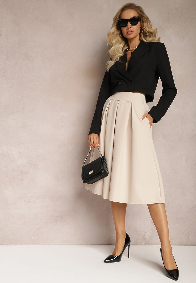 Beżowa Spódnica  o Rozkloszowanym Fasonie Midi Oncene