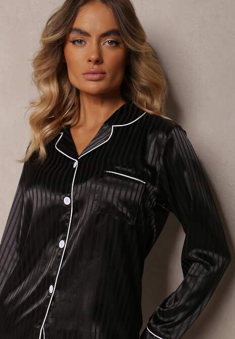 Czarny Komplet Piżamowy Góra o Koszulowym Kroju z Guzikami Spodnie z Gumką w Talii Rivanias