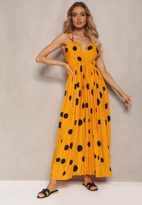 Żółta Wiskozowa Sukienka z Gumką w Pasie i Wiązaniem na Szyi i Plecach Kamaries