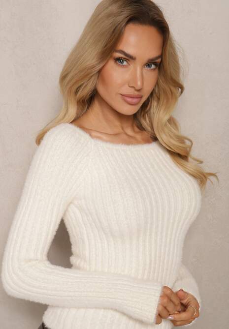 Jasnobeżowy Casualowy Sweter z Futerkiem Vertida