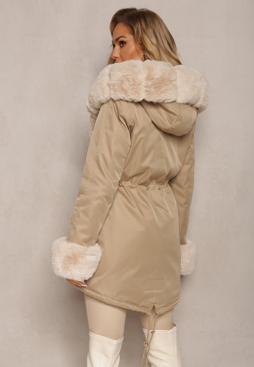 Beżowa Kurtka Parka z Paskiem w Talii i Kapturem z Futerkiem Hizontia