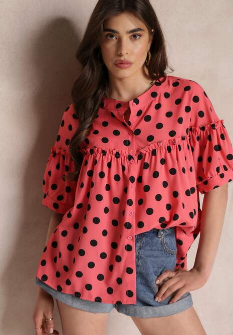 Różowa Bluzka w Kropki z Guzikami o Rozszerzanym Fasonie Bislia