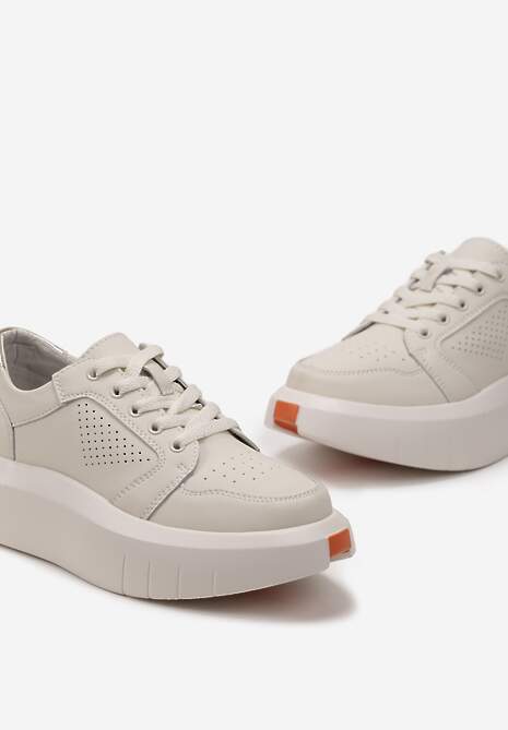 Beżowe Skórzane Sneakersy na Grubej Podeszwie przed Kostkę Olerassa