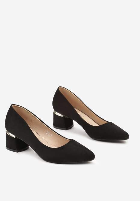 Czarne Czółenka ze Skórzaną Wkładką Cholewką z Ekozamszu i Metaliczną Wstawką Nitenssa