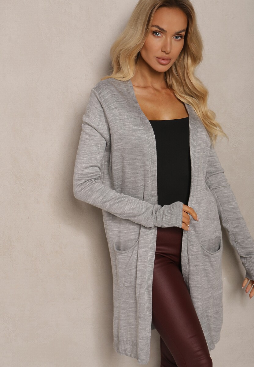 Szary Kardigan Bez Zapięć o Prostym Kroju ze Wsuwanymi Kieszonkami Torinia