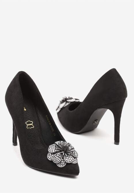 Czarno-Srebrne Szpilki Vices z Wkładką ze Skóry Naturalnej i Kwiatową Aplikacją z Cyrkoniami Retania