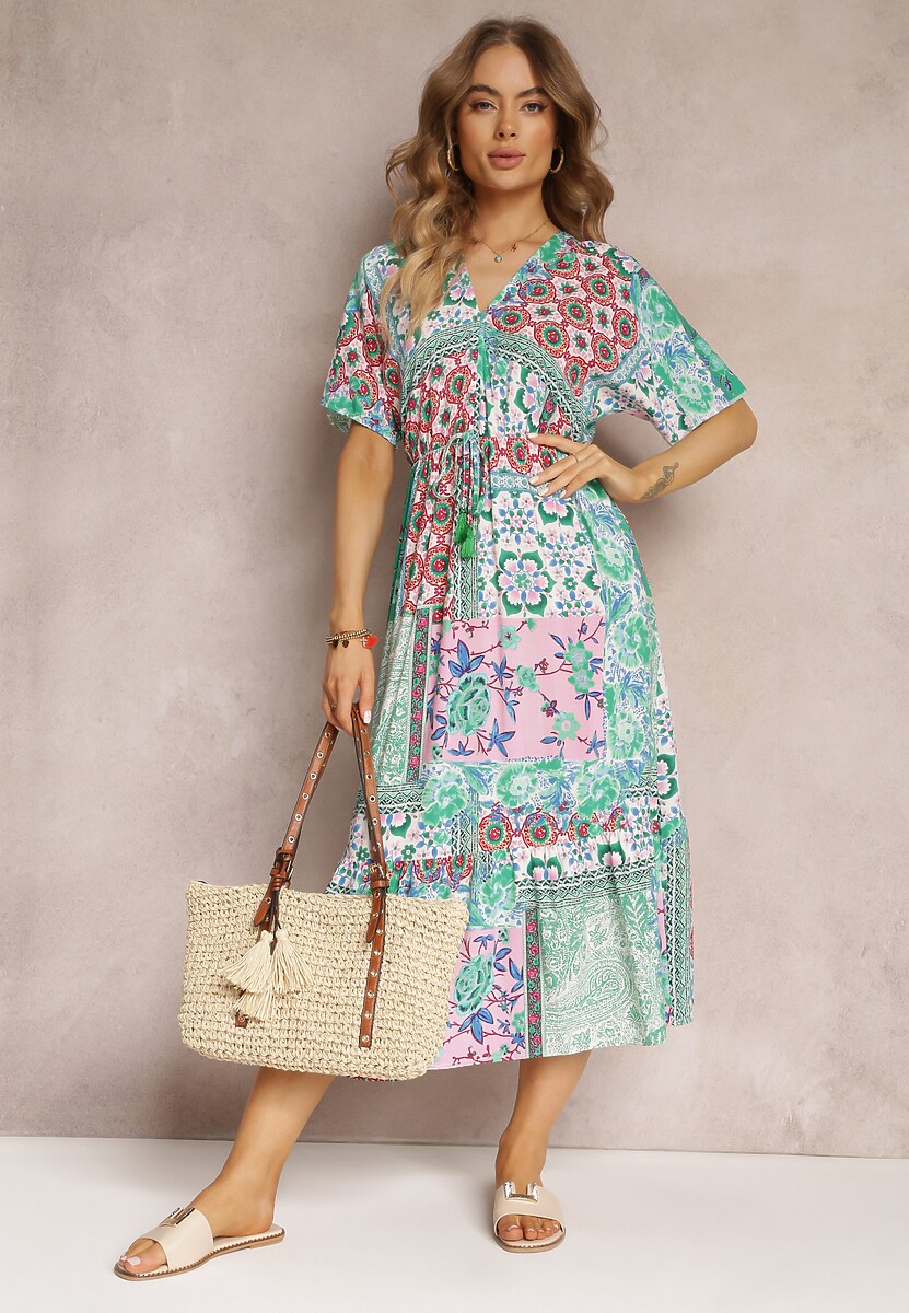 Zielono-Różowa Wiskozowa Sukienka Midi w Kwiaty z Gumką w Pasie Roslyna