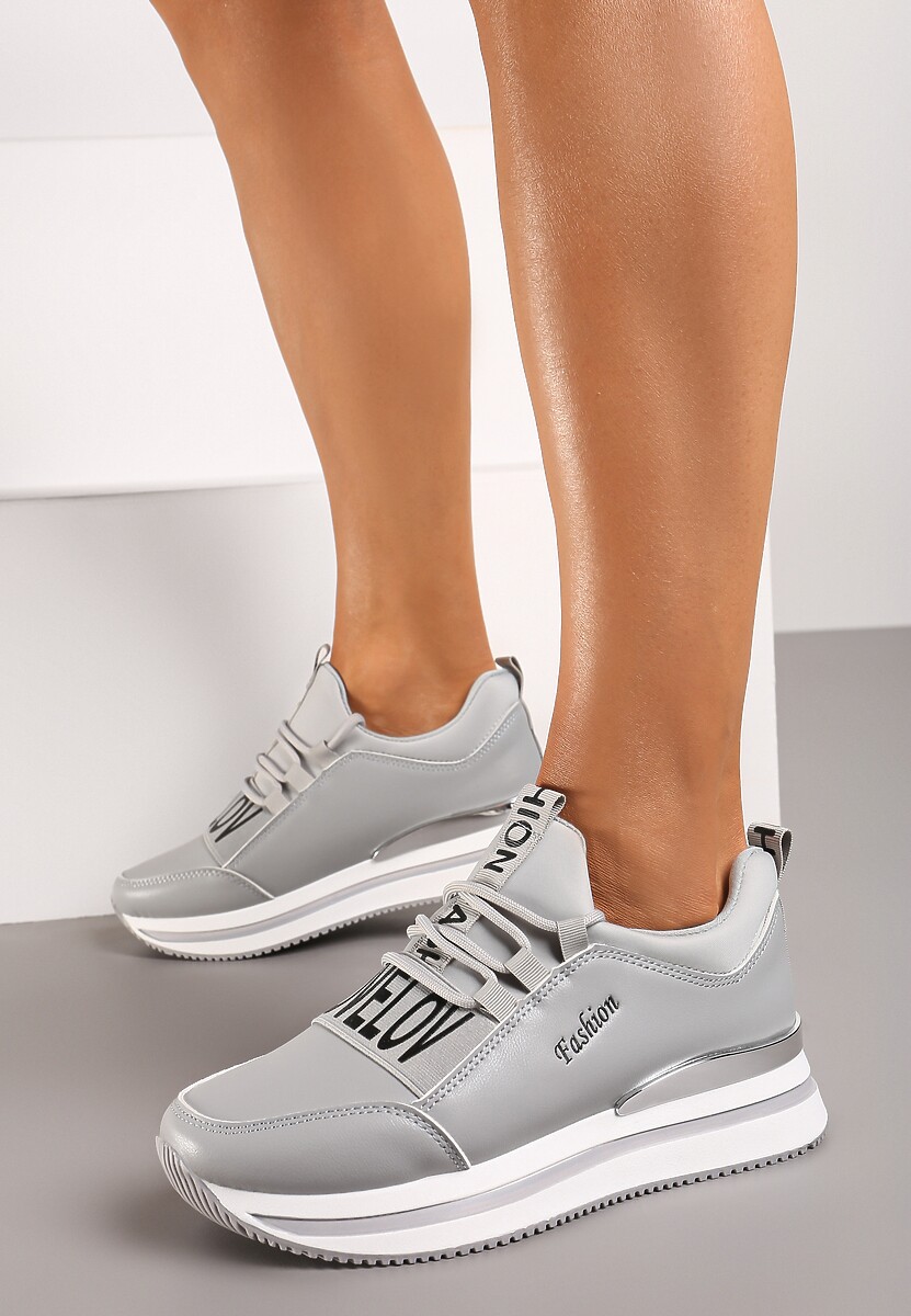 Szare Wsuwane Sznurowane Sneakersy na Platformie Aplemia