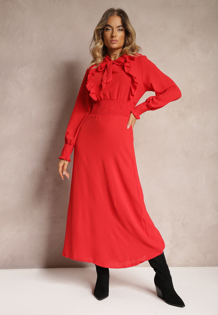 Zielona Maxi Sukienka Rozkloszowana z Falbankami i Wiązaniem przy Dekolcie Pallam