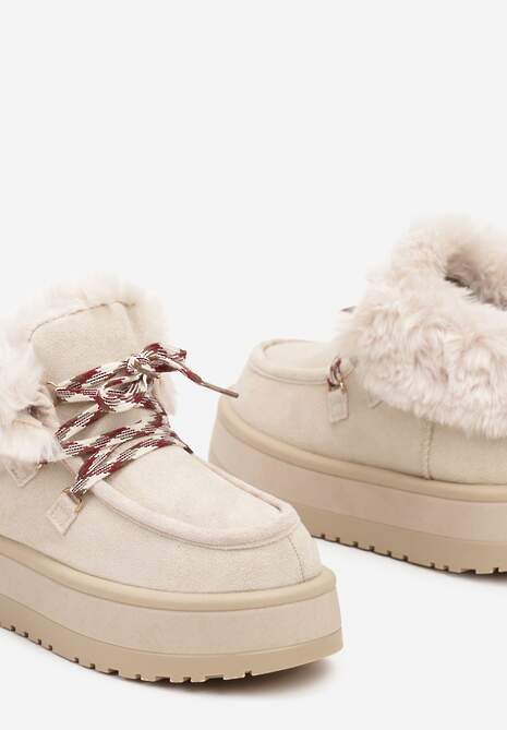 Beżowe Sznurowane Śniegowce na Platformie Ocieplone Futerkiem Liatheine