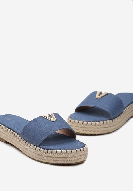 Niebieskie Klapki na Pasku Metalowa Ozdoba Podeszwa z Ozdobnie Plecionej Juty Raskia