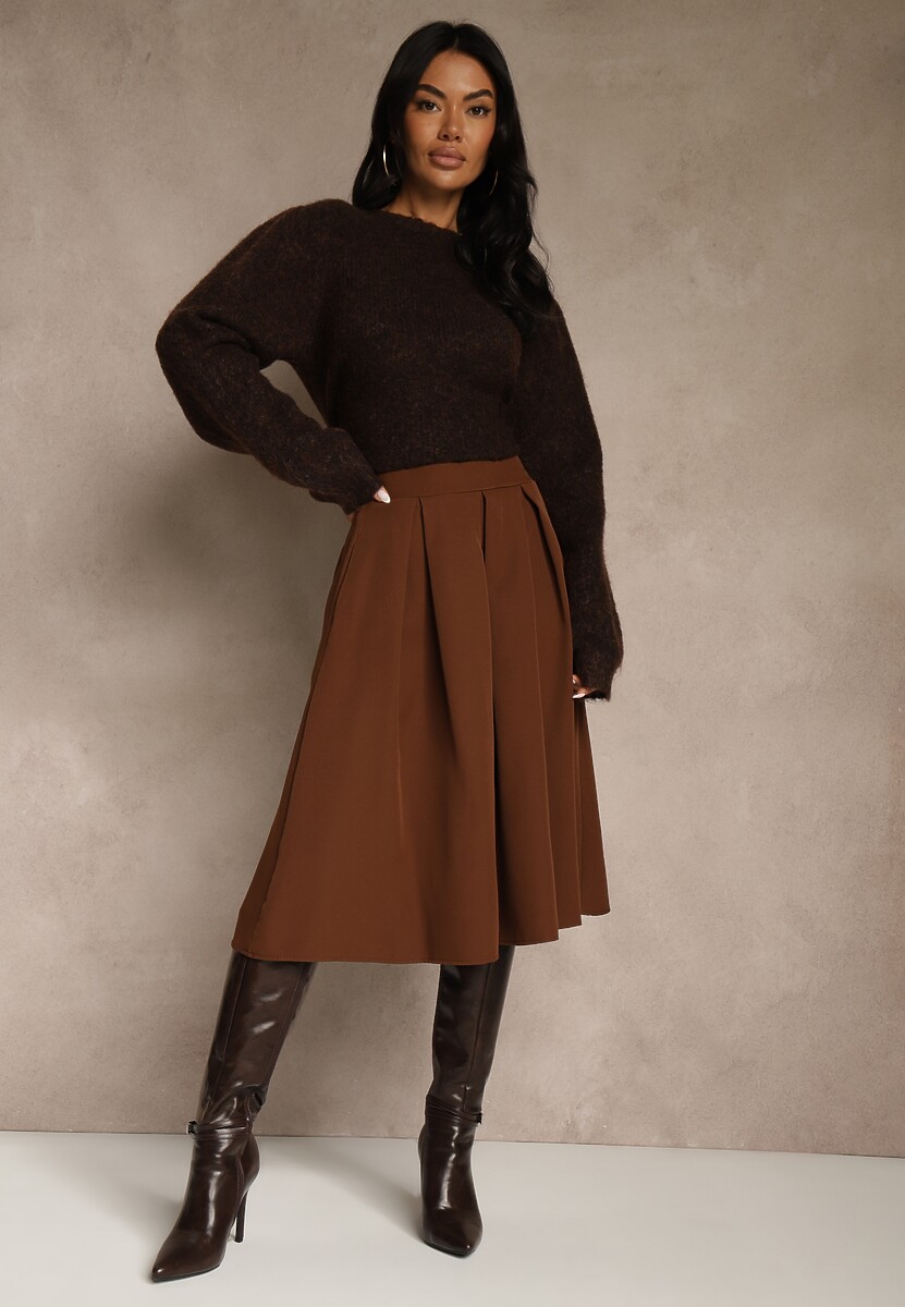 Beżowa Spódnica  o Rozkloszowanym Fasonie Midi Oncene