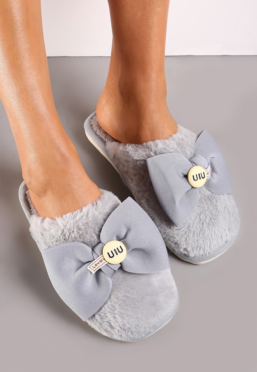 Szare Kapcie z Miękkiego Futerka Ozdobione Kokardą Adeltta