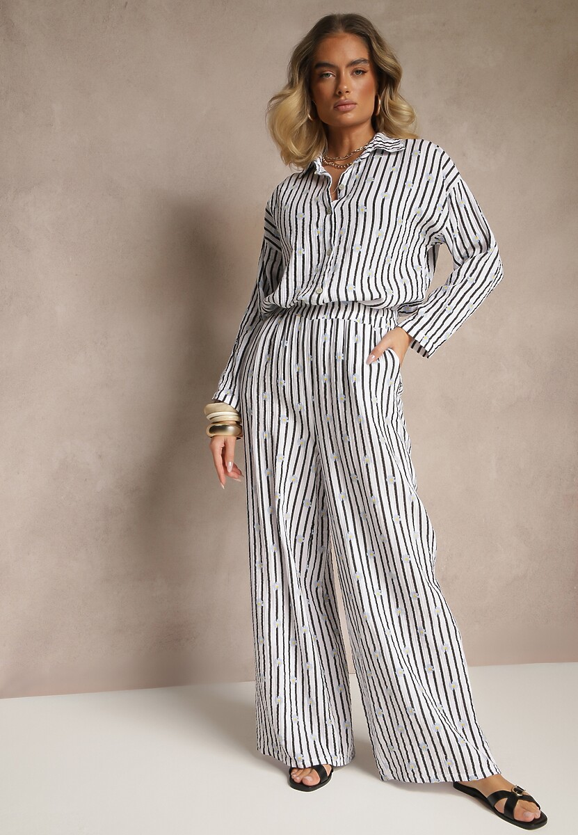 Biało-Czarne Szerokie Spodnie High Waist z Bawełny z Gumką w Talii Ranivaria