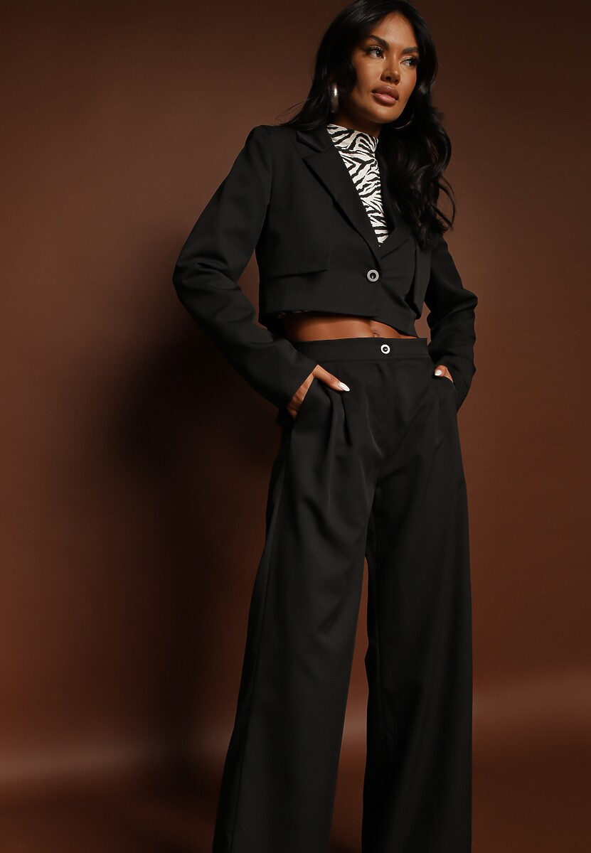 Czarny Garniturowy Komplet Marynarka Cropped i Szerokie Spodnie Mairilee