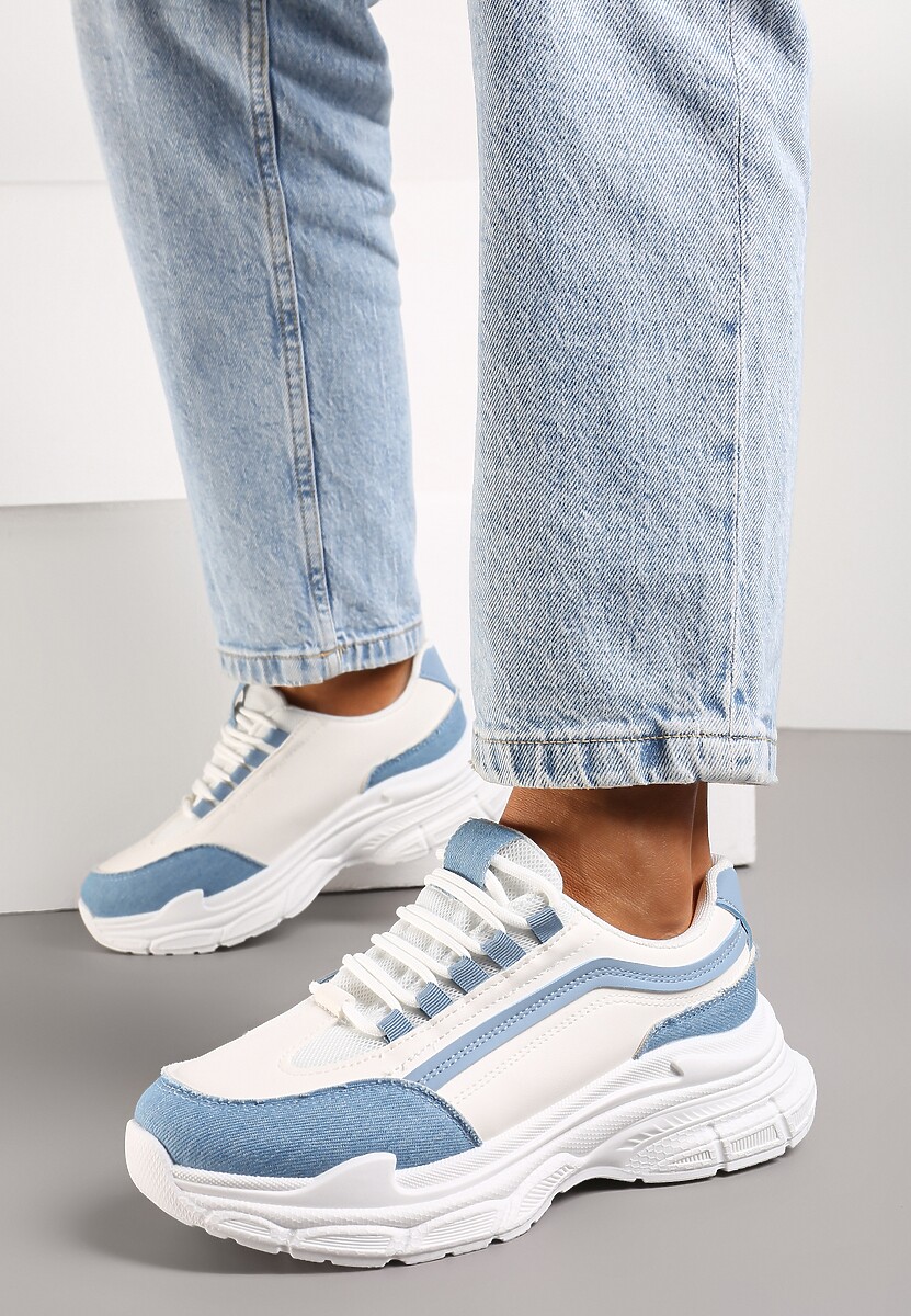 Biało-Niebieskie Casualowe Sneakersy z Ekoskóry z Ozdobnymi Wstawkami i Sznurowaniem Melindia