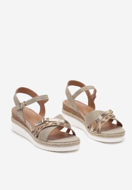 Ciemnobeżowe Sandały na Ozdobnym Koturnie ze Skrzyżowanymi Paskami Kaomie