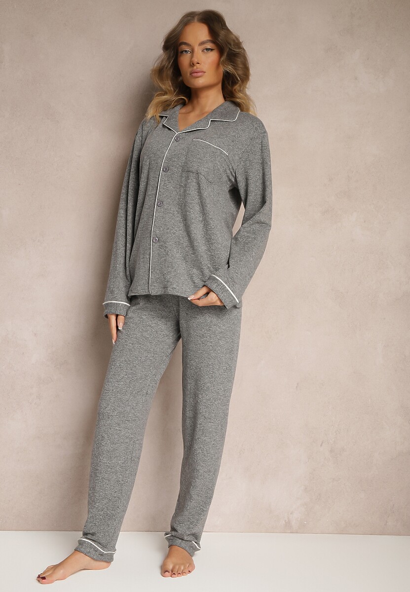 Ciemnoszara Piżama z Bawełny Spodnie z Gumką w Pasie i Koszula Amiremi