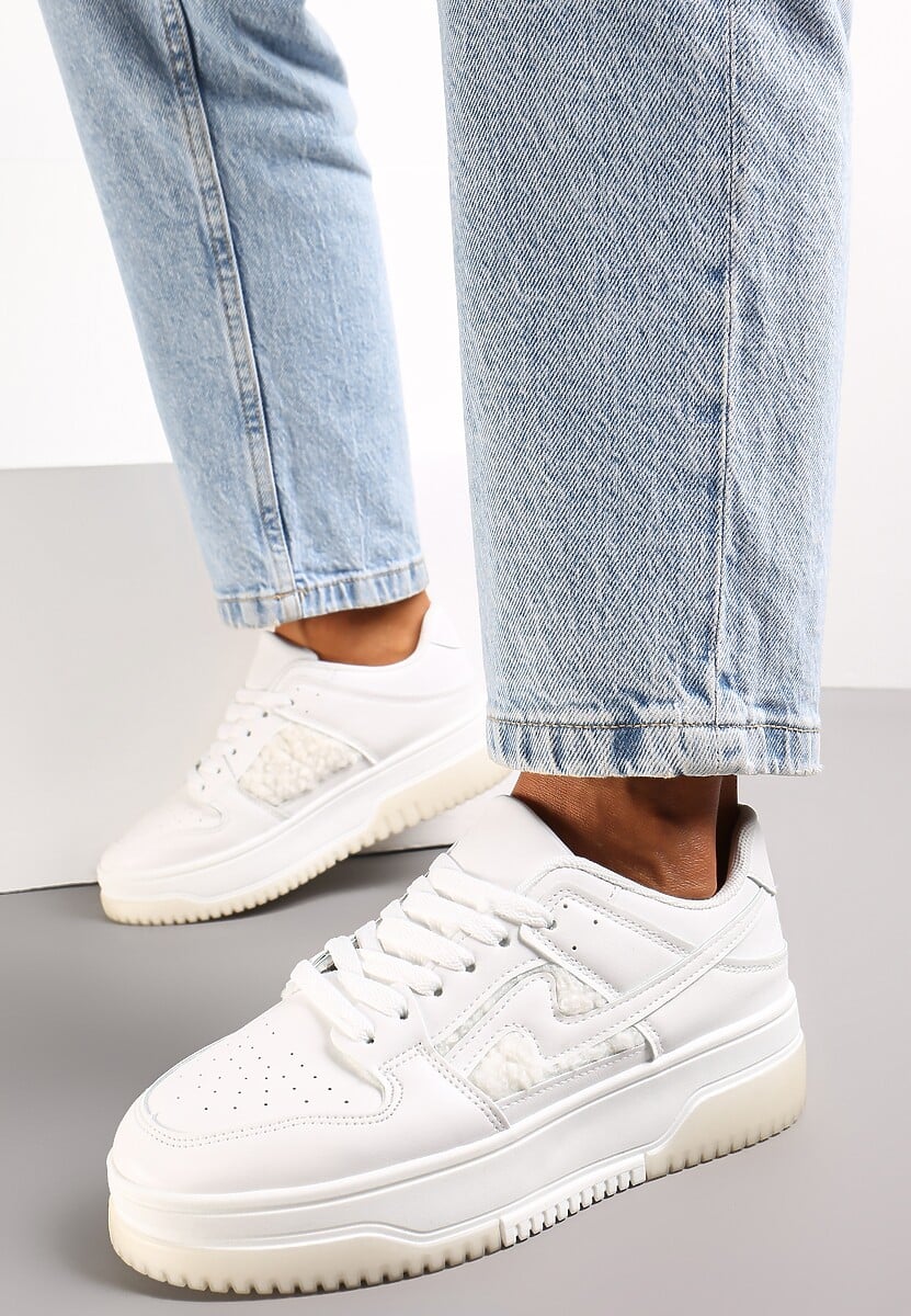 Białe Sneakersy z Imitacji Skóry ze Wstawkami z Futerka Vaelisa