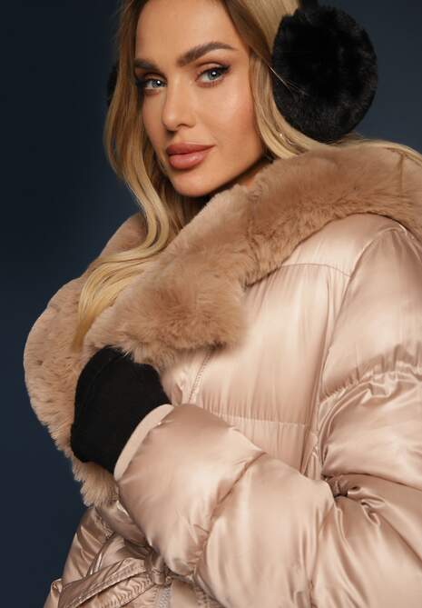 Beżowa Pikowana Kurtka Płaszcz za Kolano z Wiązanym Paskiem i Futerkiem Vivenda