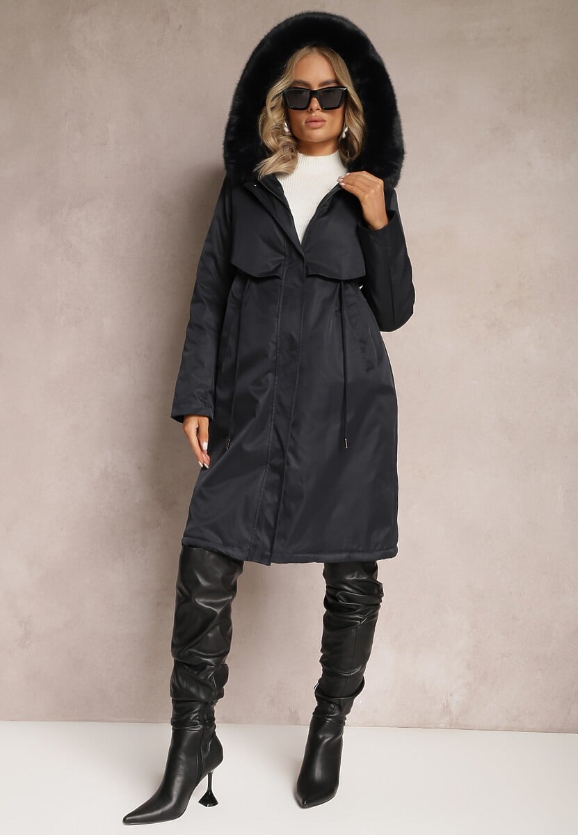 Granatowa Kurtka Płaszcz ze Ściągaczem i Kapturem z Ozdobnym Futerkiem Livieya