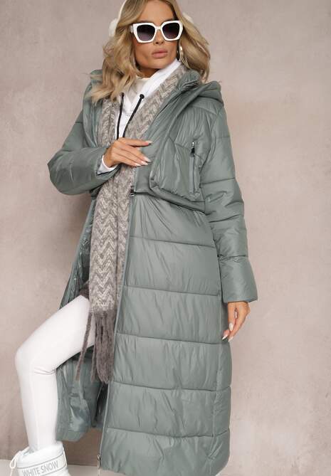 Zielona Pikowana Kurtka Płaszcz z Regulacją Długości Ortona