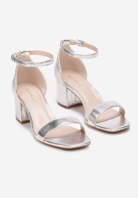 Srebrne Gładkie Sandały na Słupkowym Obcasie Saia