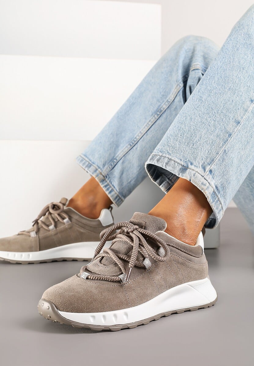 Beżowe Zamszowe Sneakersy z Wkładką ze Skóry Naturalnej Dolavienne