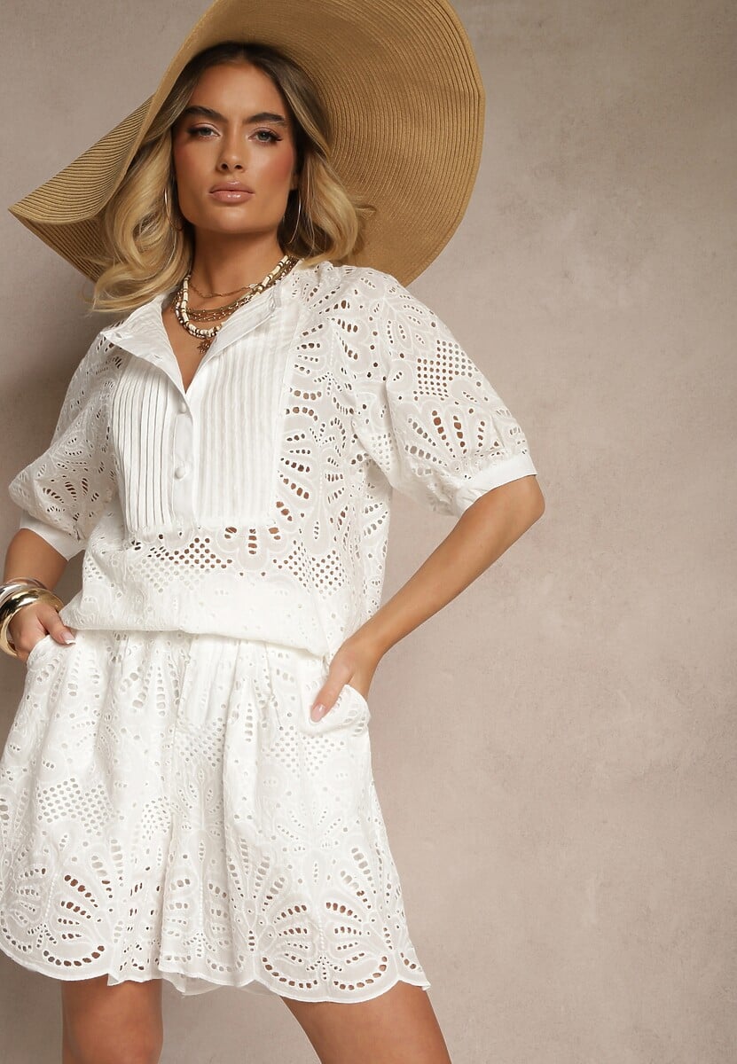 Biały Ażurowy Komplet z Szortami i Bluzką z Wiskozy i Bawełny Haloniela