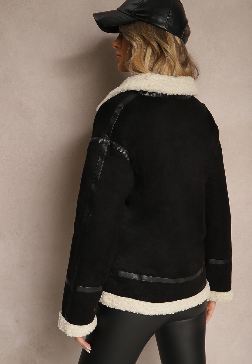 Czarna Kurtka z Ekozamszu o Prostym Kroju z Kołnierzykiem i Futerkiem Ninnova