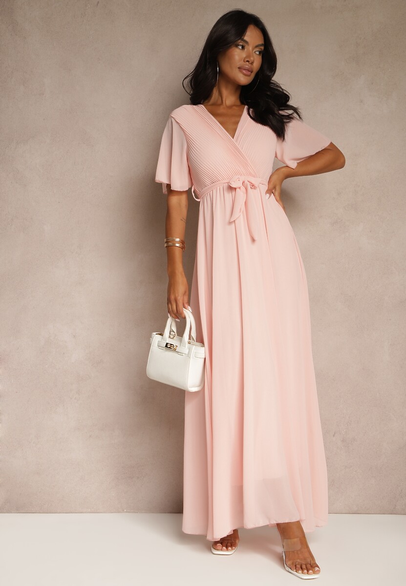 Jasnoróżowa Plisowana Sukienka z Kopertowym Dekoltem i Gumką w Talii Dimitris
