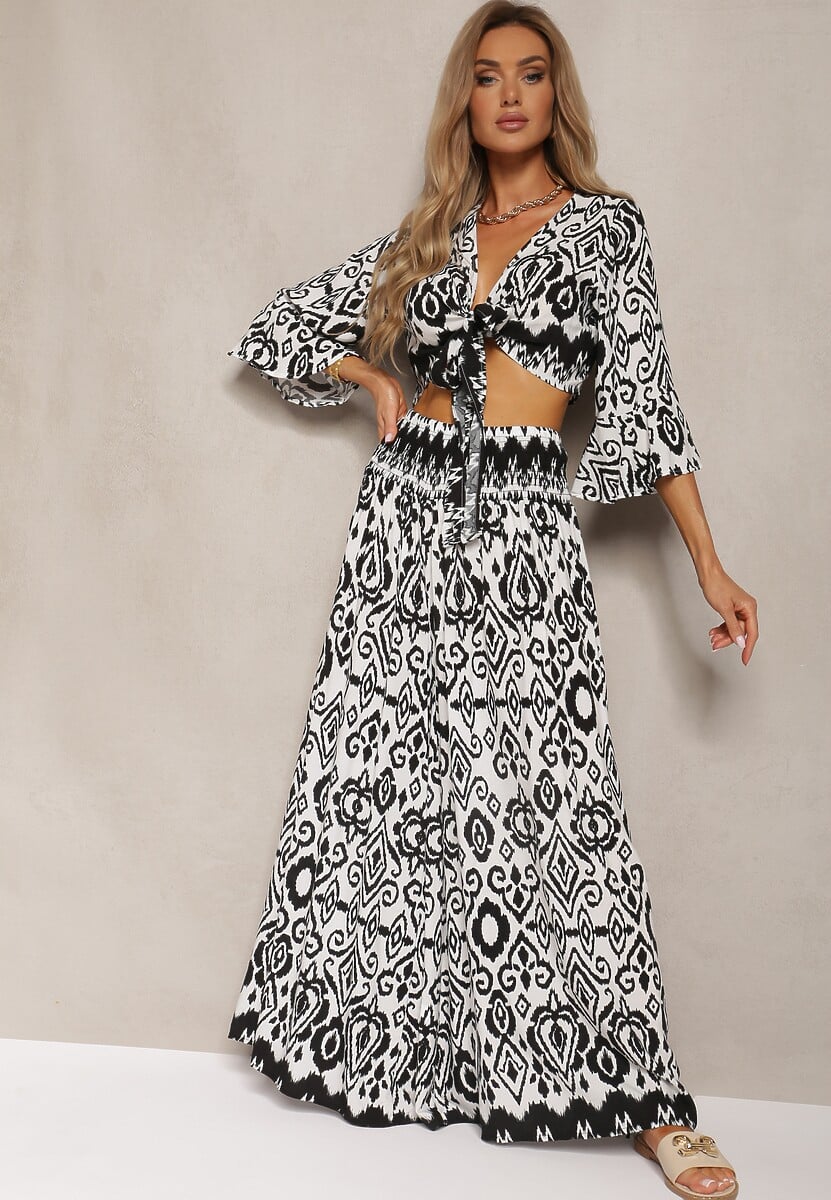 Fuksjowy Komplet Bluzka Kopertowy Wiązany pod Biustem Szerokie Spodnie z Gumką w Talii Viknelas