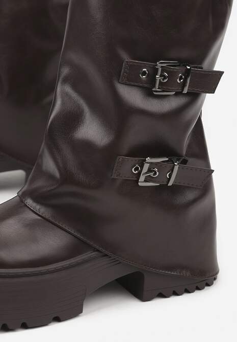 Ciemnobrązowe Botki Biker Vices z Wywiniętą Cholewką Platformą i Klamrami Reinila