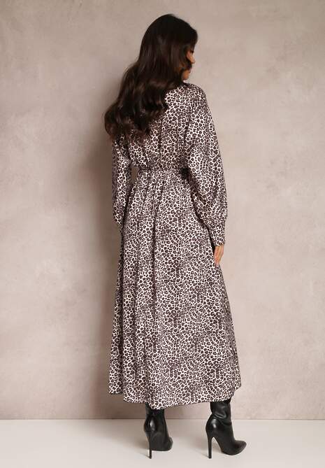 Beżowo-Brązowa Sukienka Rozkloszowana z Gumką w Pasie Philida